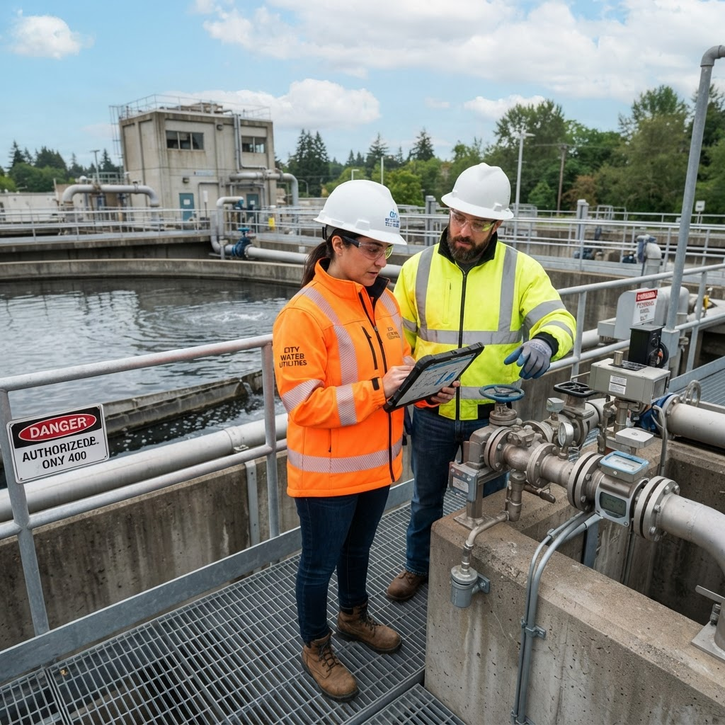 Water utility workers inspecting equipment in the field